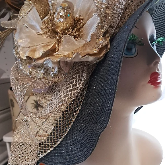 OOAK Black & Gold Couture Derby Hat with Designer Floral & Feather Bird - Picture 9 of 9